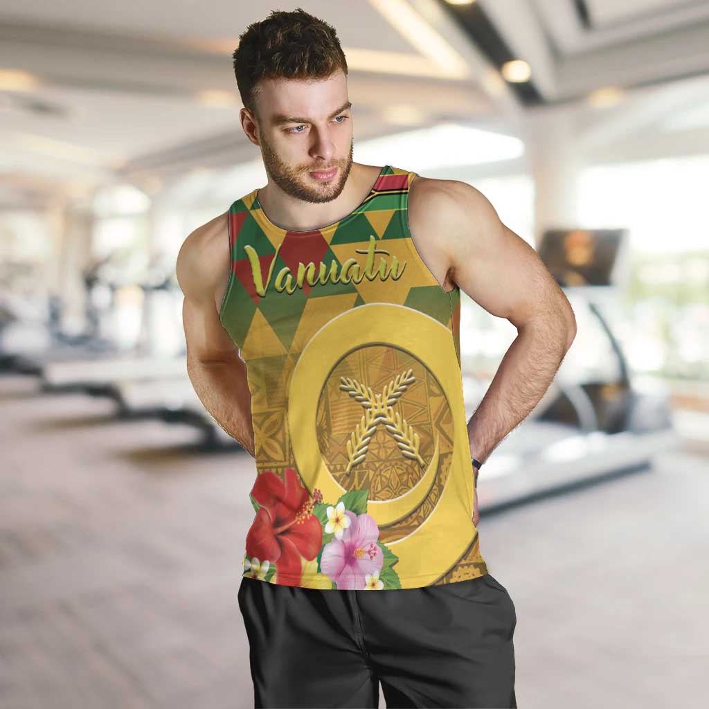 Melanesian Vanuatu Men Tank Top With Tapa Tribal Pattern and Triangle Geometric Tricolor - Polynesian Pride