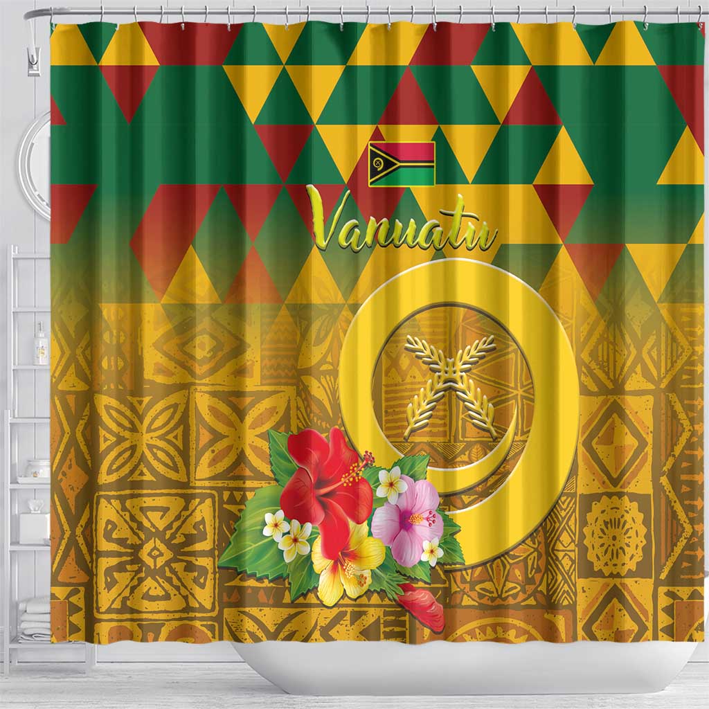 Melanesian Vanuatu Shower Curtain With Tapa Tribal Pattern and Triangle Geometric Tricolor - Polynesian Pride