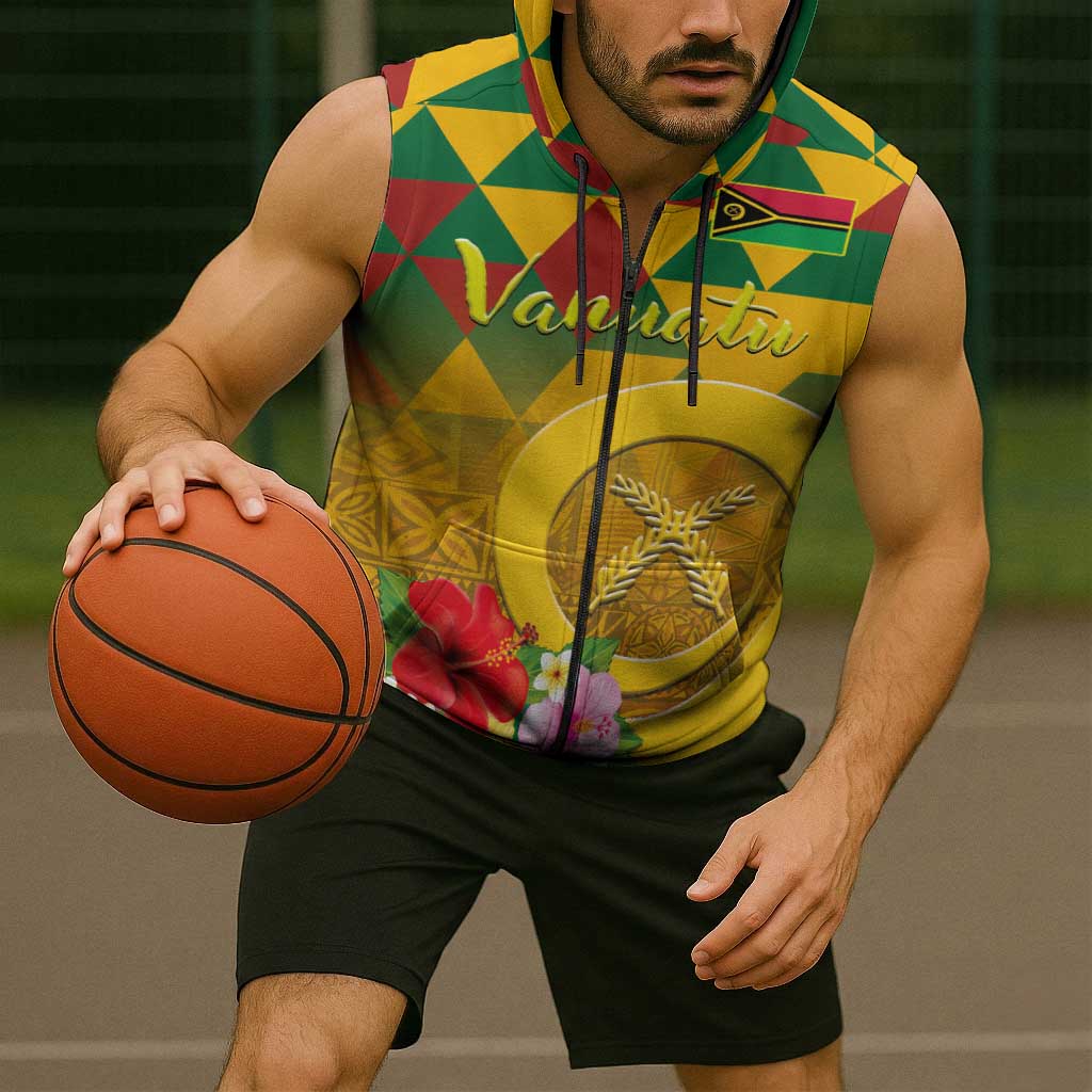 Melanesian Vanuatu Sleeveless Zip Hoodie With Tapa Tribal Pattern and Triangle Geometric Tricolor LT03 - Polynesian Pride
