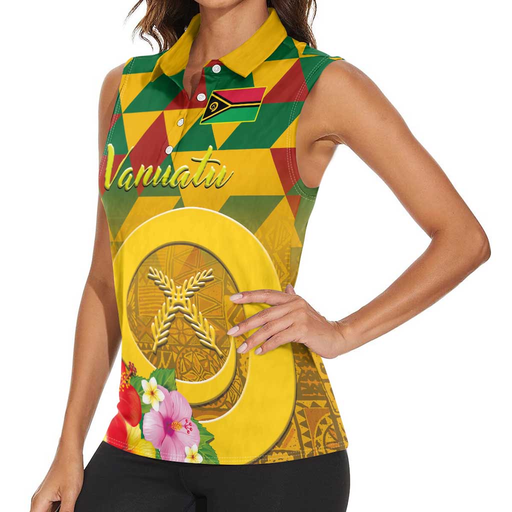 Melanesian Vanuatu Women Sleeveless Polo Shirt With Tapa Tribal Pattern and Triangle Geometric Tricolor - Polynesian Pride