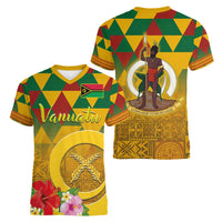 Melanesian Vanuatu Women V-Neck T-Shirt With Tapa Tribal Pattern and Triangle Geometric Tricolor - Polynesian Pride