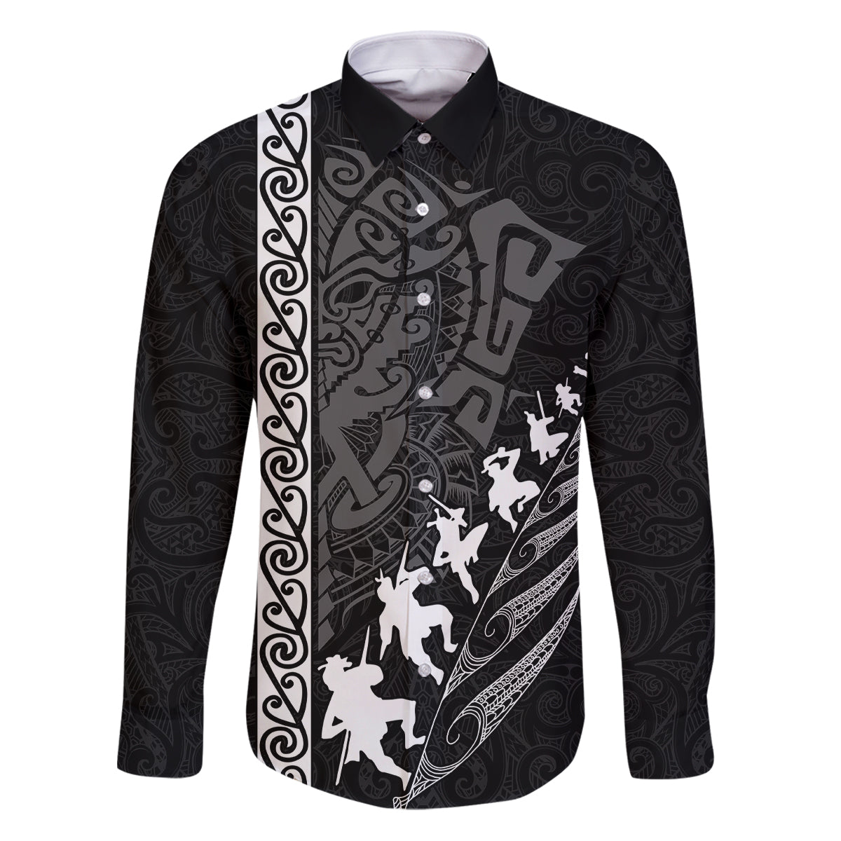 New Zealand Rugby Family Matching Puletasi Dress and Hawaiian Shirt Haka Dance Tribal God Mask Maori Pattern LT03 Dad's Shirt - Long Sleeve Black - Polynesian Pride