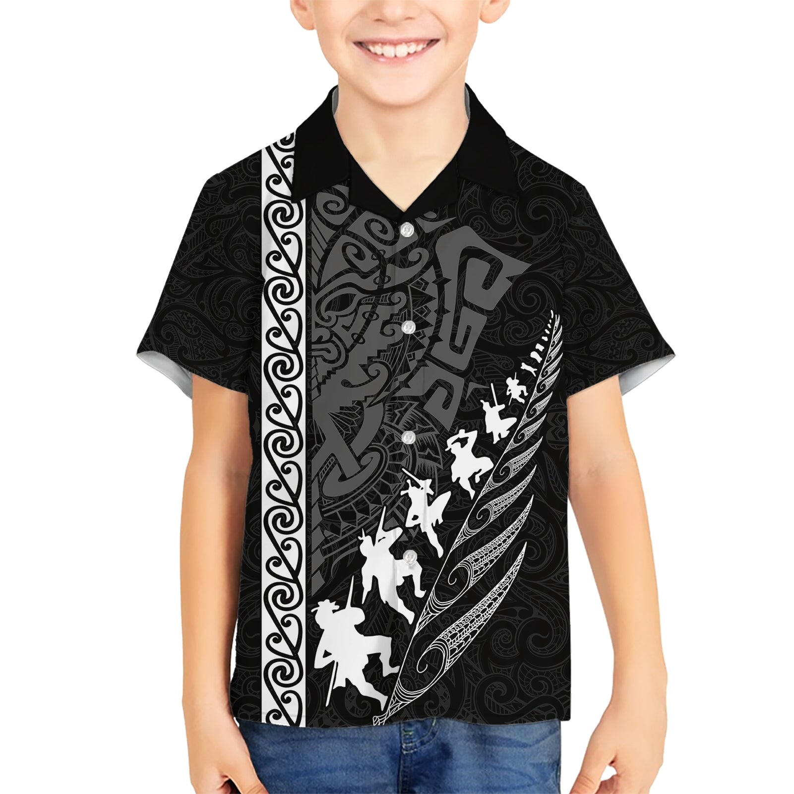 new-zealand-rugby-kid-hawaiian-shirt-haka-dance-tribal-god-mask-maori-pattern