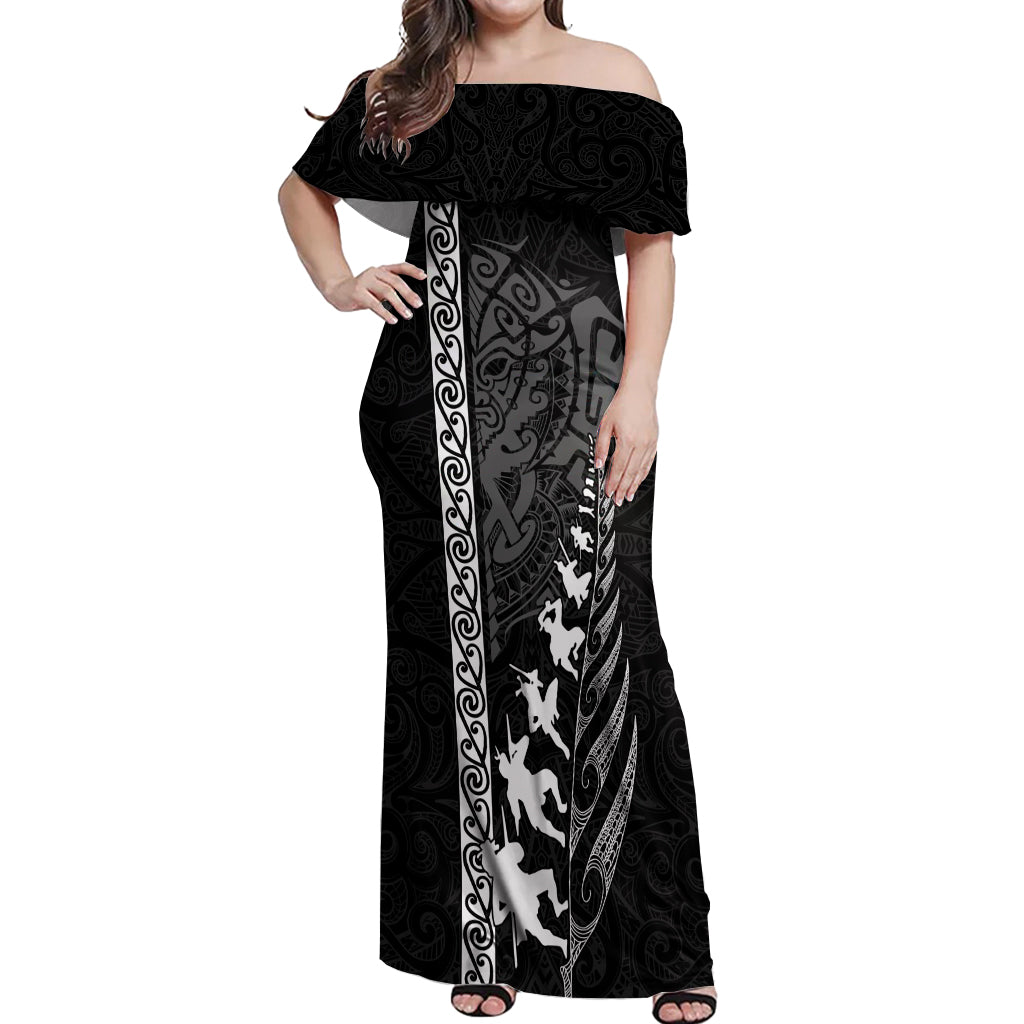 New Zealand Rugby Off Shoulder Maxi Dress Haka Dance Tribal God Mask Maori Pattern LT03 Women Black - Polynesian Pride