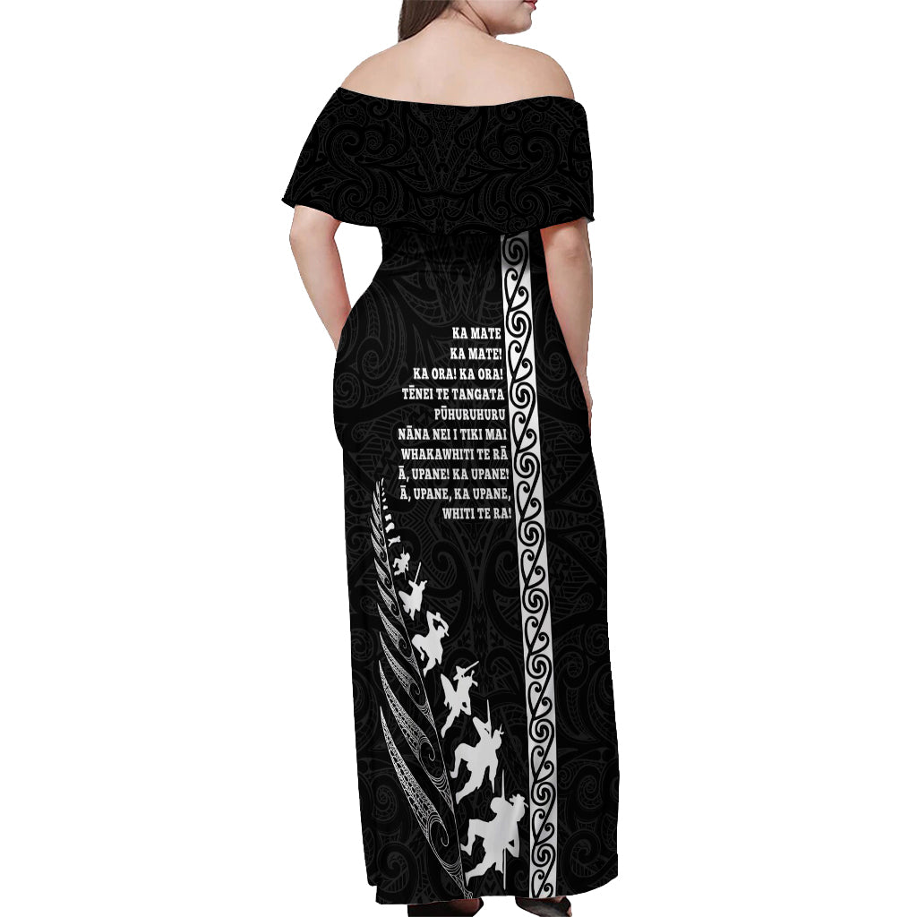 New Zealand Rugby Off Shoulder Maxi Dress Haka Dance Tribal God Mask Maori Pattern LT03 - Polynesian Pride