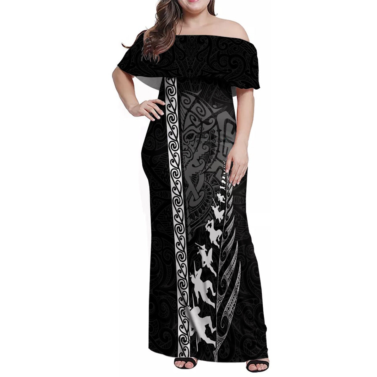 custom-new-zealand-rugby-family-matching-off-shoulder-maxi-dress-and-hawaiian-shirt-haka-dance-tribal-god-mask-maori-pattern