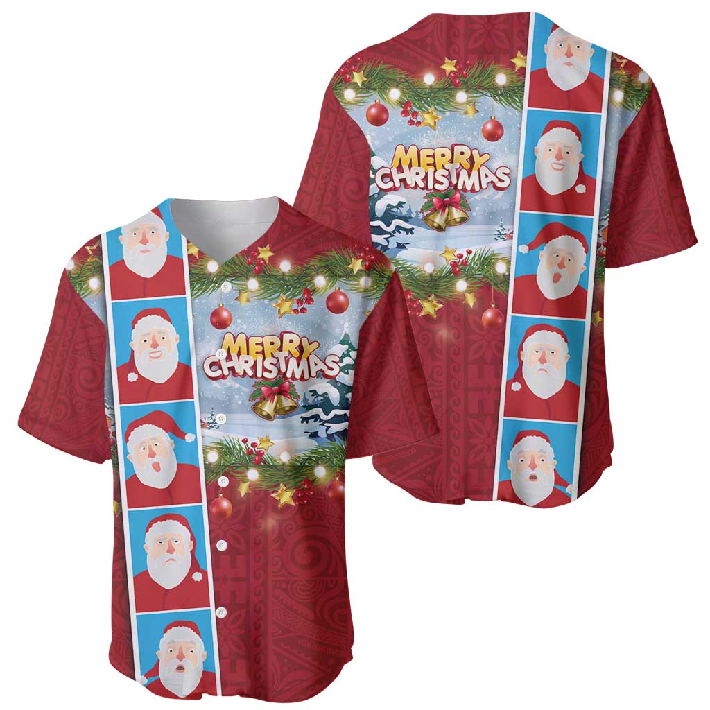Merry Christmas Baseball Jersey Funny Santa Claus Cards Photo and Polynesian Pattern Red Color LT03 - Polynesian Pride