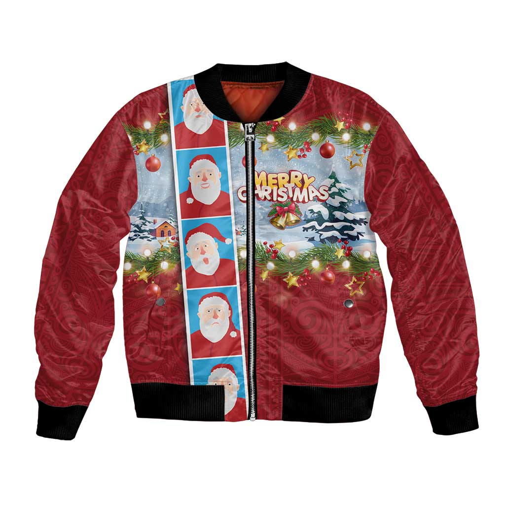 Merry Christmas Bomber Jacket Funny Santa Claus Cards Photo and Polynesian Pattern Red Color LT03 Unisex Red - Polynesian Pride