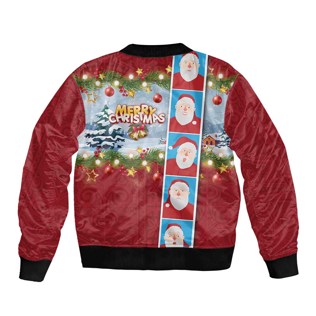 Merry Christmas Bomber Jacket Funny Santa Claus Cards Photo and Polynesian Pattern Red Color LT03 - Polynesian Pride