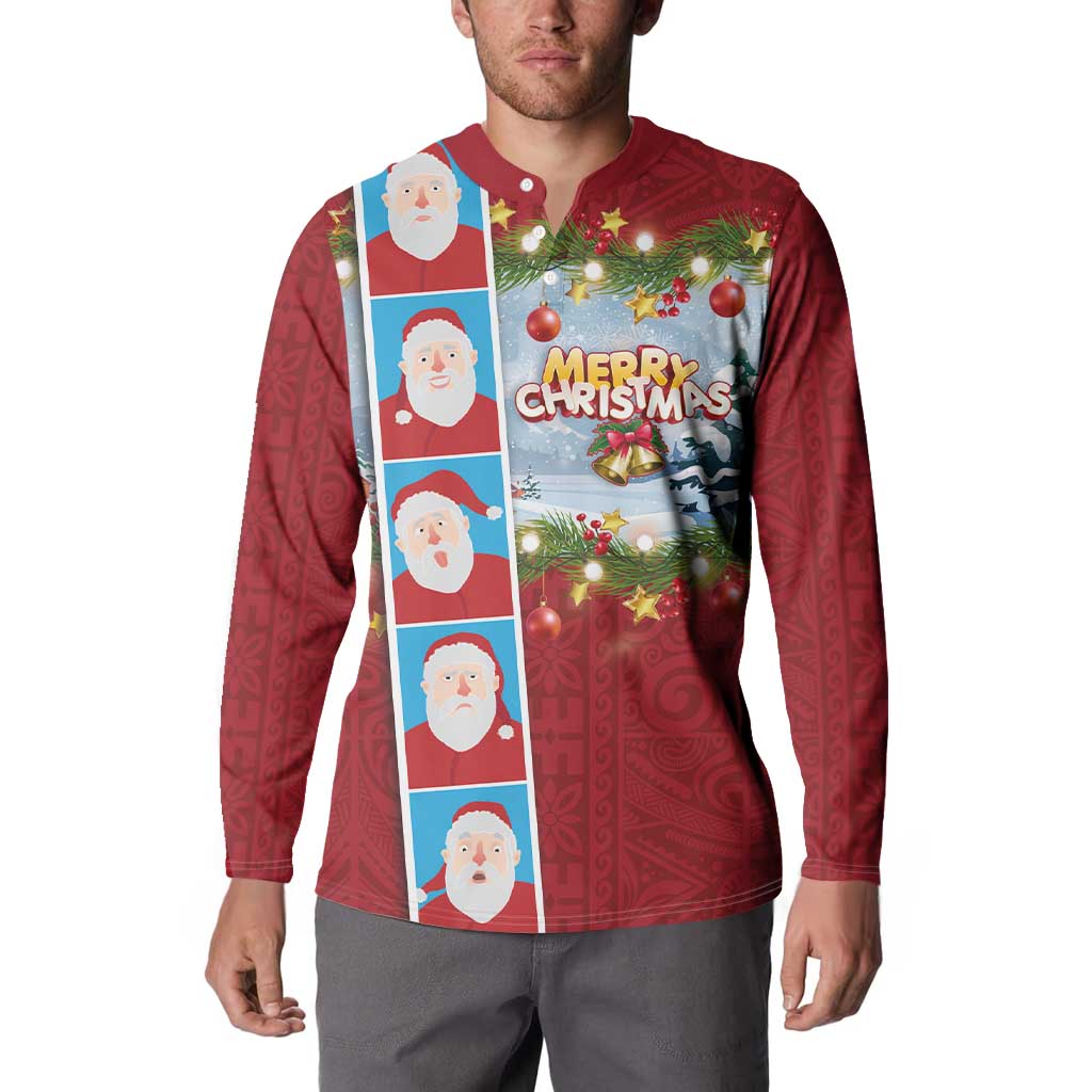 Merry Christmas Button Sweatshirt Funny Santa Claus Cards Photo and Polynesian Pattern Red Color