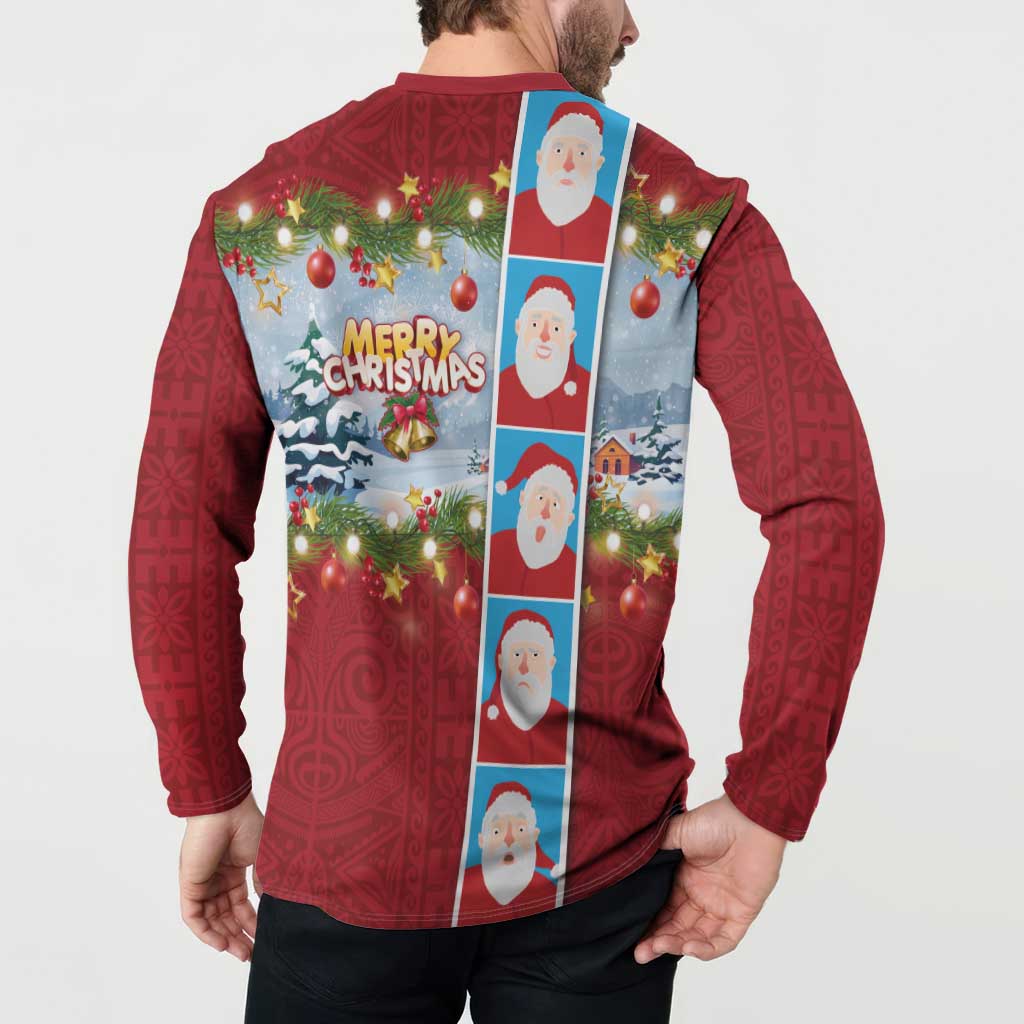 Merry Christmas Button Sweatshirt Funny Santa Claus Cards Photo and Polynesian Pattern Red Color