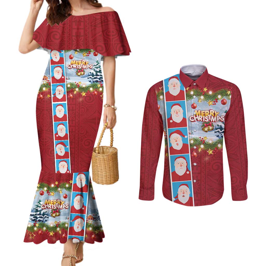 Merry Christmas Couples Matching Mermaid Dress and Long Sleeve Button Shirt Funny Santa Claus Cards Photo and Polynesian Pattern Red Color