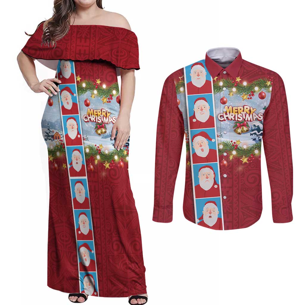 Merry Christmas Couples Matching Off Shoulder Maxi Dress and Long Sleeve Button Shirt Funny Santa Claus Cards Photo and Polynesian Pattern Red Color