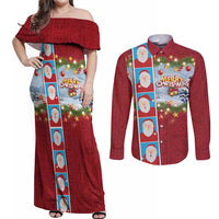 Merry Christmas Couples Matching Off Shoulder Maxi Dress and Long Sleeve Button Shirt Funny Santa Claus Cards Photo and Polynesian Pattern Red Color