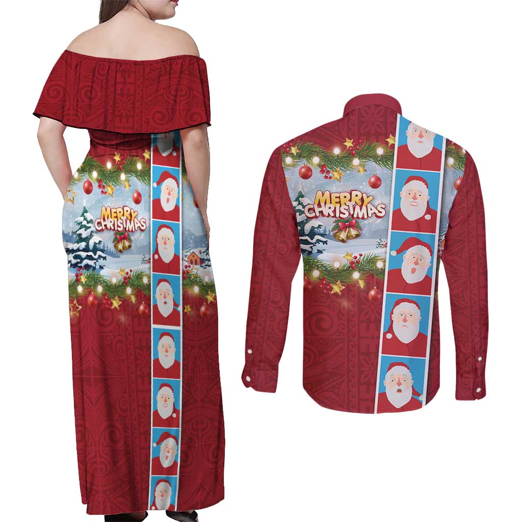 Merry Christmas Couples Matching Off Shoulder Maxi Dress and Long Sleeve Button Shirt Funny Santa Claus Cards Photo and Polynesian Pattern Red Color