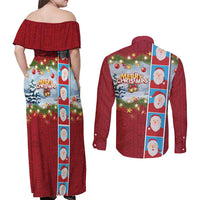 Merry Christmas Couples Matching Off Shoulder Maxi Dress and Long Sleeve Button Shirt Funny Santa Claus Cards Photo and Polynesian Pattern Red Color