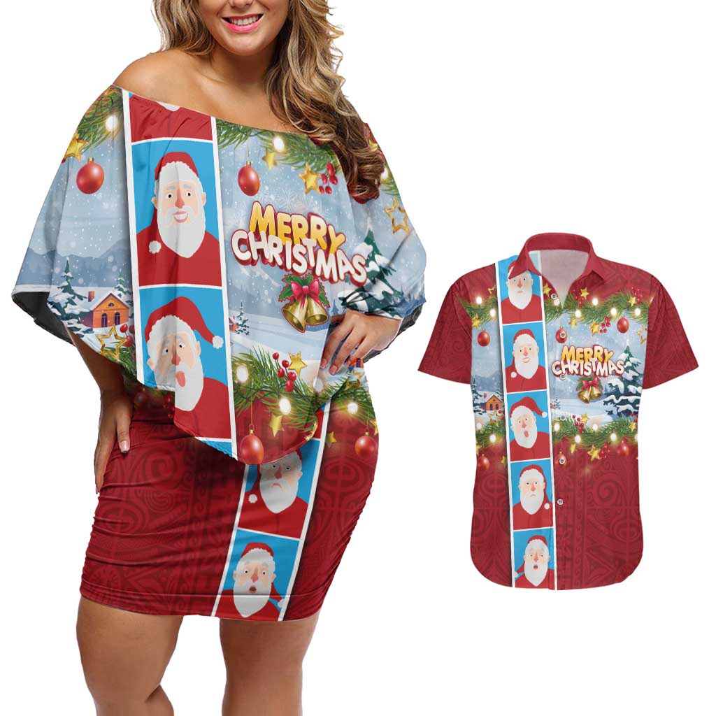 Merry Christmas Couples Matching Off Shoulder Short Dress and Hawaiian Shirt Funny Santa Claus Cards Photo and Polynesian Pattern Red Color
