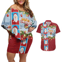 Merry Christmas Couples Matching Off Shoulder Short Dress and Hawaiian Shirt Funny Santa Claus Cards Photo and Polynesian Pattern Red Color