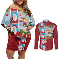 Merry Christmas Couples Matching Off Shoulder Short Dress and Long Sleeve Button Shirt Funny Santa Claus Cards Photo and Polynesian Pattern Red Color