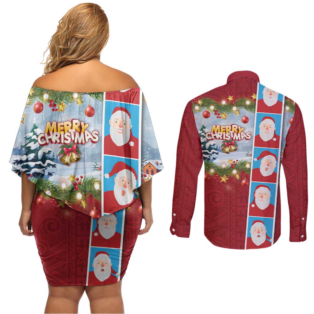 Merry Christmas Couples Matching Off Shoulder Short Dress and Long Sleeve Button Shirt Funny Santa Claus Cards Photo and Polynesian Pattern Red Color