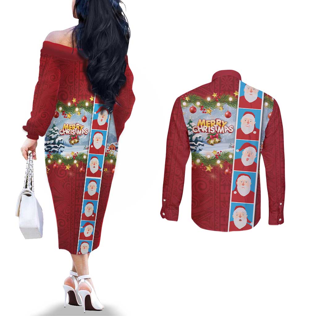 Merry Christmas Couples Matching Off The Shoulder Long Sleeve Dress and Long Sleeve Button Shirt Funny Santa Claus Cards Photo and Polynesian Pattern Red Color