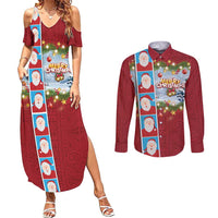 Merry Christmas Couples Matching Summer Maxi Dress and Long Sleeve Button Shirt Funny Santa Claus Cards Photo and Polynesian Pattern Red Color