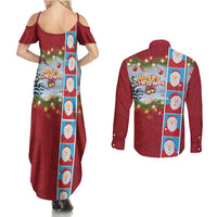 Merry Christmas Couples Matching Summer Maxi Dress and Long Sleeve Button Shirt Funny Santa Claus Cards Photo and Polynesian Pattern Red Color