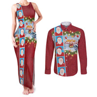 Merry Christmas Couples Matching Tank Maxi Dress and Long Sleeve Button Shirt Funny Santa Claus Cards Photo and Polynesian Pattern Red Color