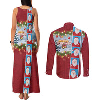 Merry Christmas Couples Matching Tank Maxi Dress and Long Sleeve Button Shirt Funny Santa Claus Cards Photo and Polynesian Pattern Red Color