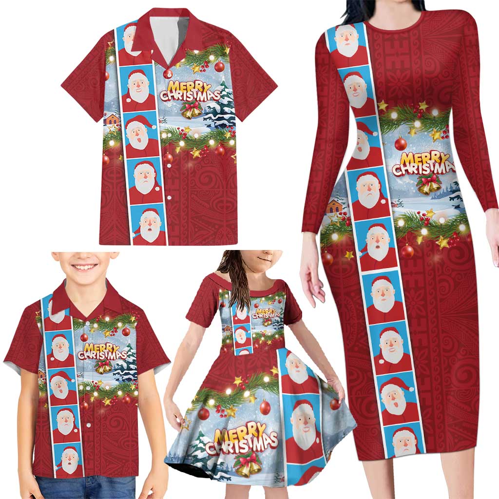 Merry Christmas Family Matching Long Sleeve Bodycon Dress and Hawaiian Shirt Funny Santa Claus Cards Photo and Polynesian Pattern Red Color