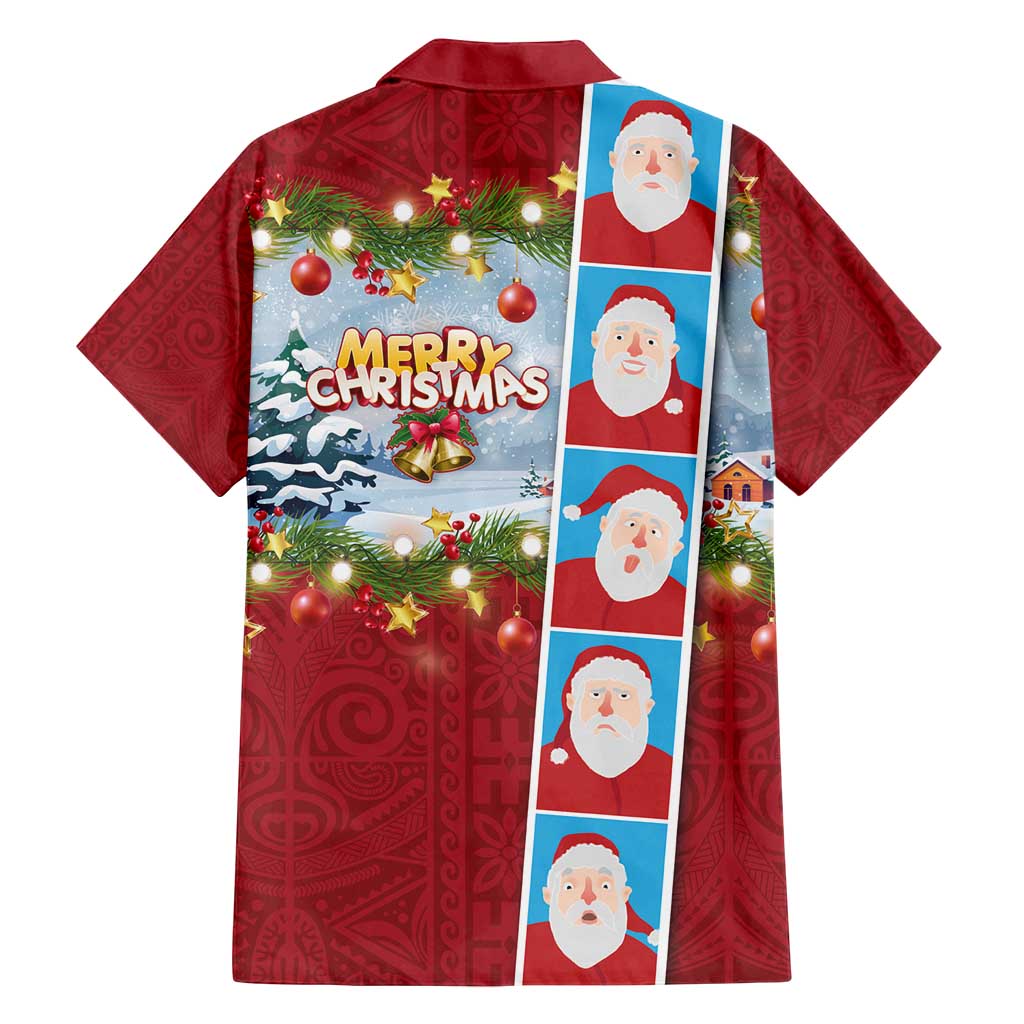 Merry Christmas Family Matching Long Sleeve Bodycon Dress and Hawaiian Shirt Funny Santa Claus Cards Photo and Polynesian Pattern Red Color