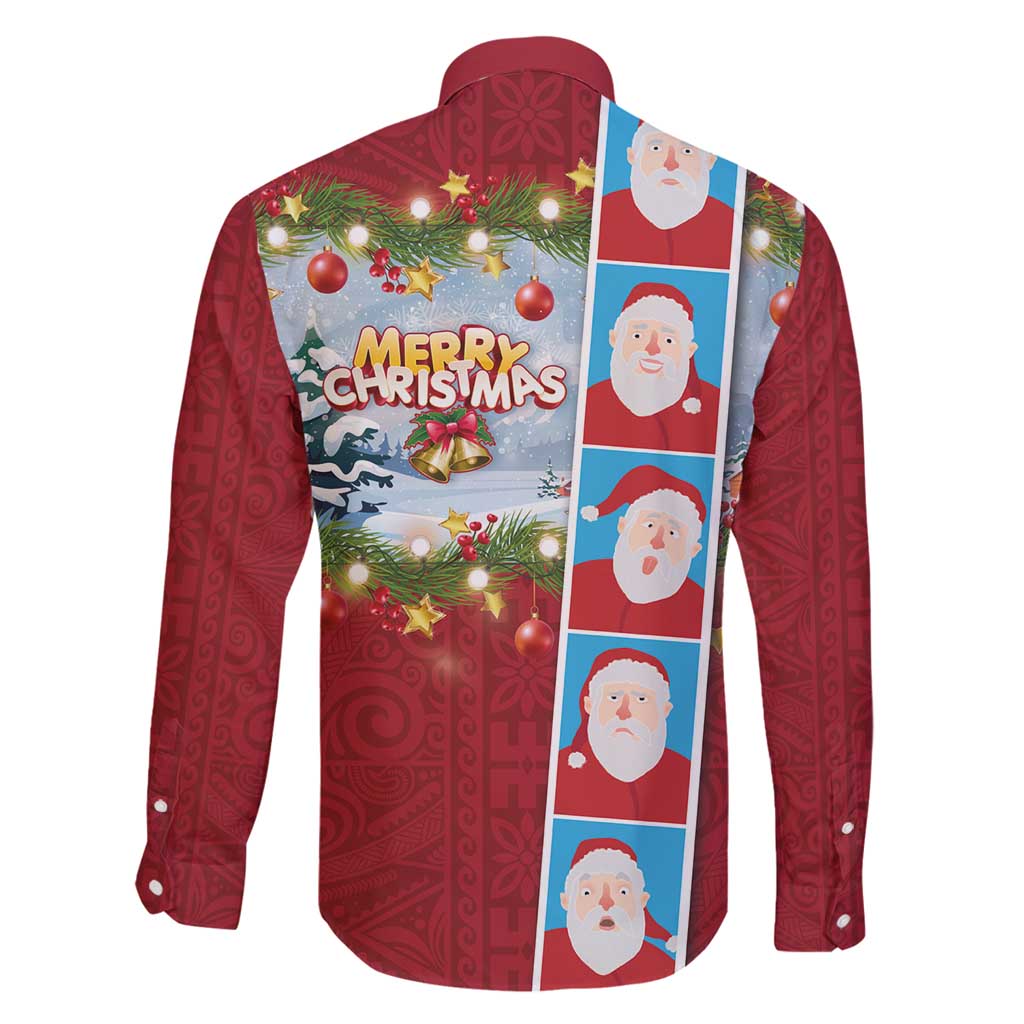 Merry Christmas Family Matching Long Sleeve Bodycon Dress and Hawaiian Shirt Funny Santa Claus Cards Photo and Polynesian Pattern Red Color