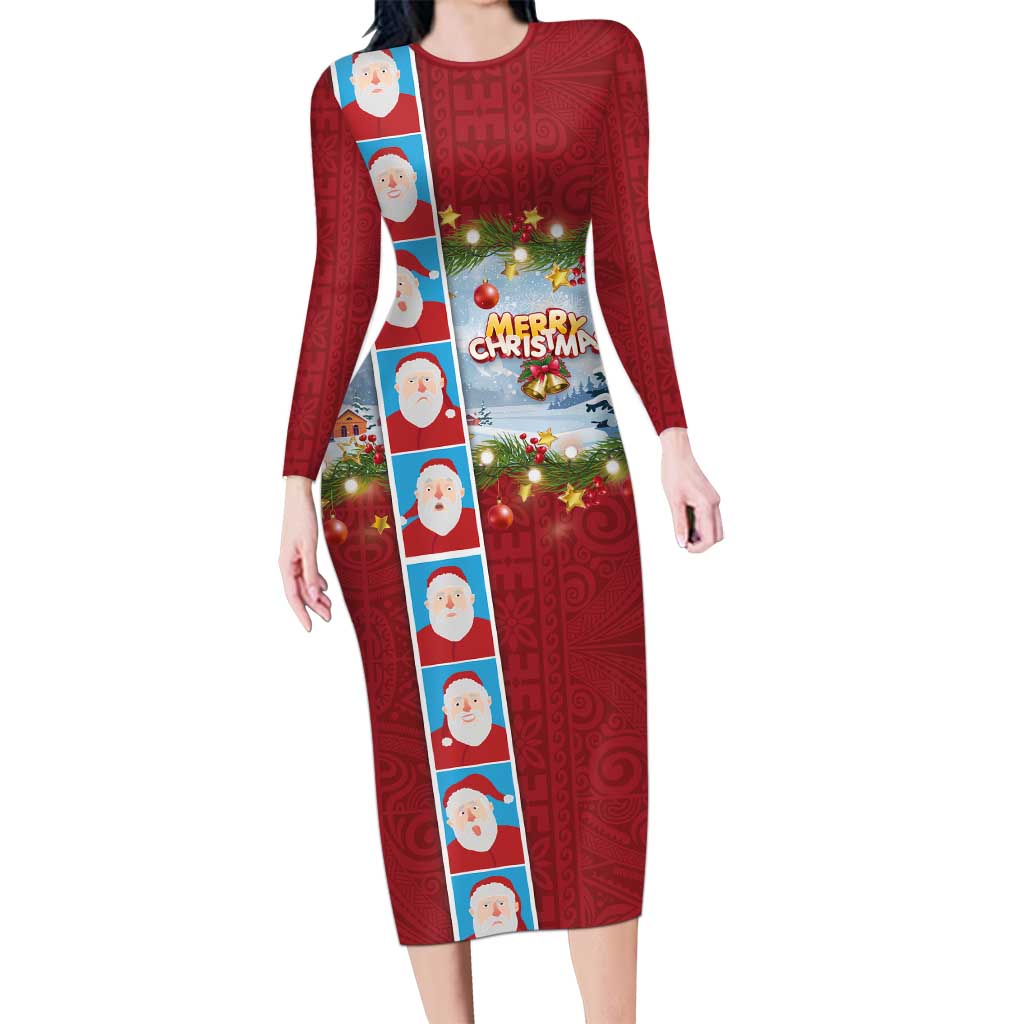 Merry Christmas Family Matching Long Sleeve Bodycon Dress and Hawaiian Shirt Funny Santa Claus Cards Photo and Polynesian Pattern Red Color