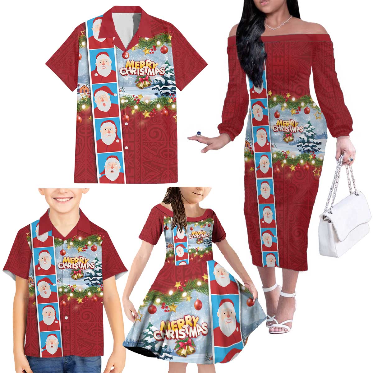 Merry Christmas Family Matching Off The Shoulder Long Sleeve Dress and Hawaiian Shirt Funny Santa Claus Cards Photo and Polynesian Pattern Red Color