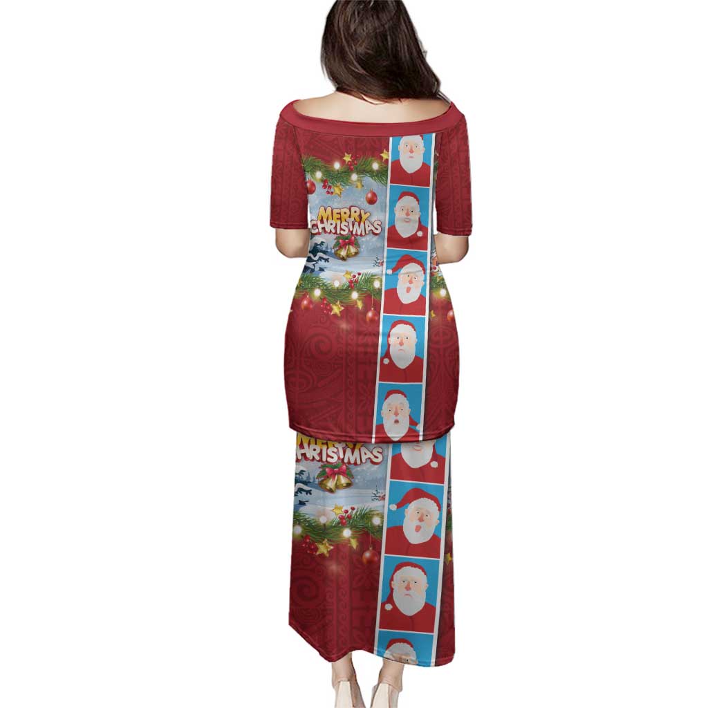 Merry Christmas Family Matching Puletasi and Hawaiian Shirt Funny Santa Claus Cards Photo and Polynesian Pattern Red Color
