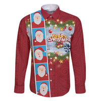 Merry Christmas Family Matching Short Sleeve Bodycon Dress and Hawaiian Shirt Funny Santa Claus Cards Photo and Polynesian Pattern Red Color LT03 Dad's Shirt - Long Sleeve Red - Polynesian Pride