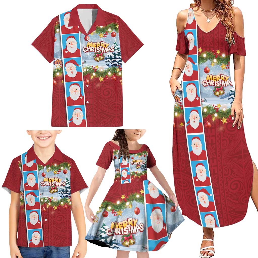 Merry Christmas Family Matching Summer Maxi Dress and Hawaiian Shirt Funny Santa Claus Cards Photo and Polynesian Pattern Red Color