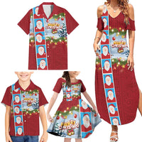 Merry Christmas Family Matching Summer Maxi Dress and Hawaiian Shirt Funny Santa Claus Cards Photo and Polynesian Pattern Red Color