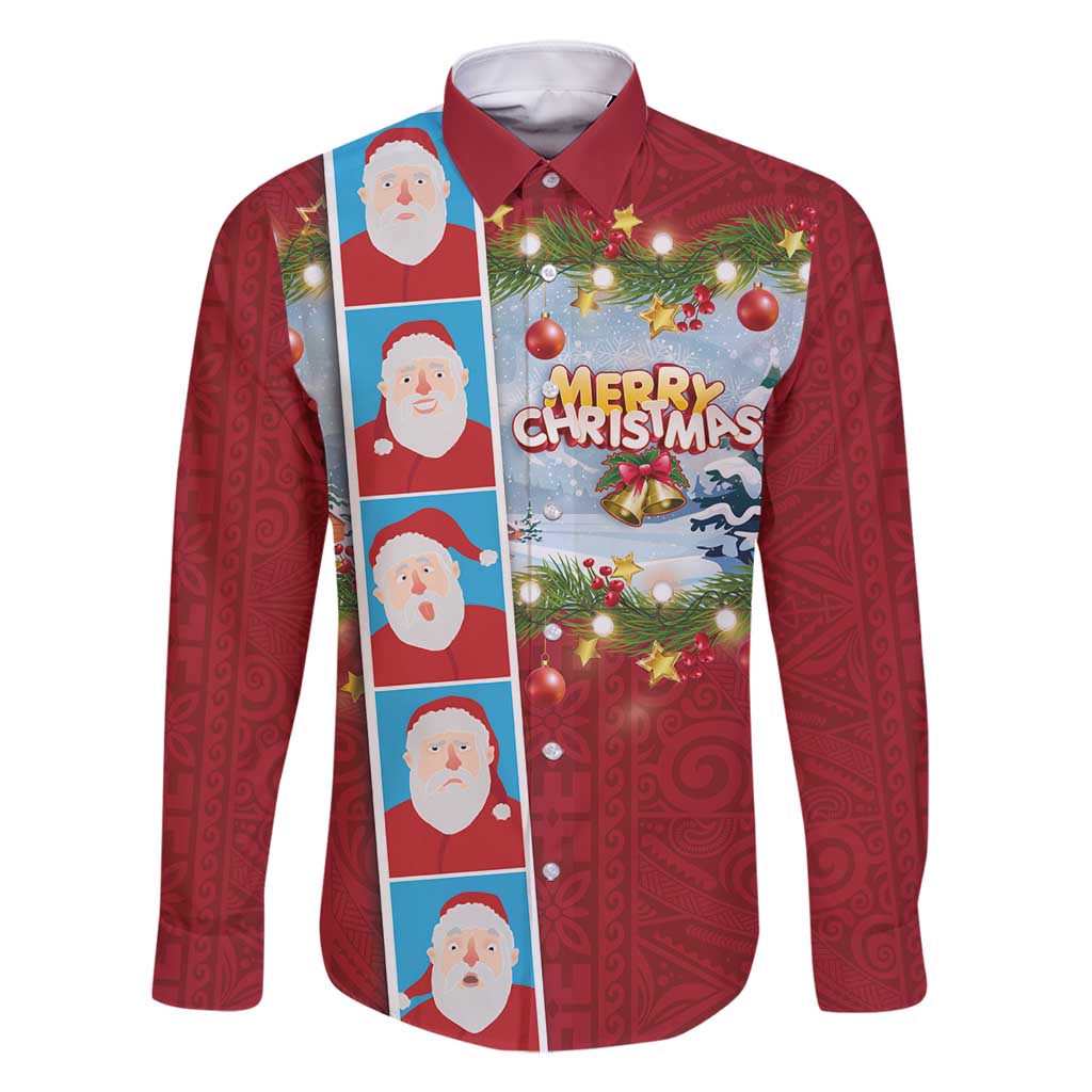 Merry Christmas Family Matching Summer Maxi Dress and Hawaiian Shirt Funny Santa Claus Cards Photo and Polynesian Pattern Red Color