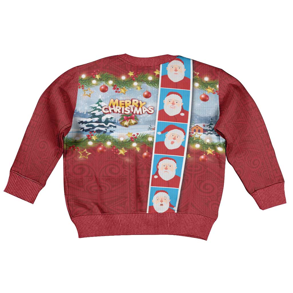 Merry Christmas Kid Ugly Christmas Sweater Funny Santa Claus Cards Photo and Polynesian Pattern Red Color