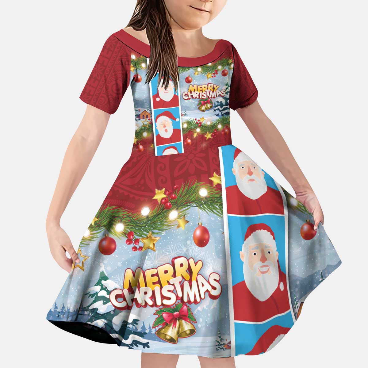Merry Christmas Kid Short Sleeve Dress Funny Santa Claus Cards Photo and Polynesian Pattern Red Color