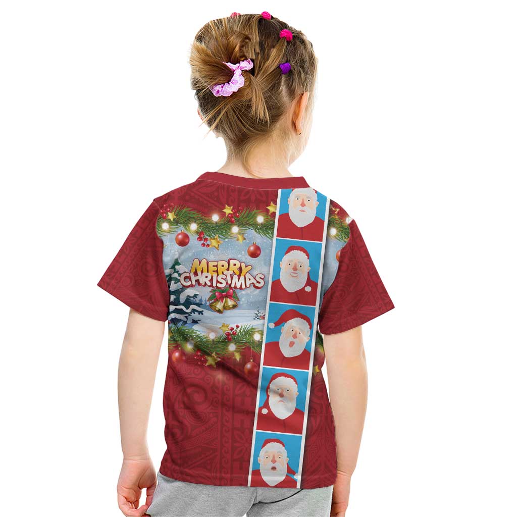 Merry Christmas Kid T Shirt Funny Santa Claus Cards Photo and Polynesian Pattern Red Color