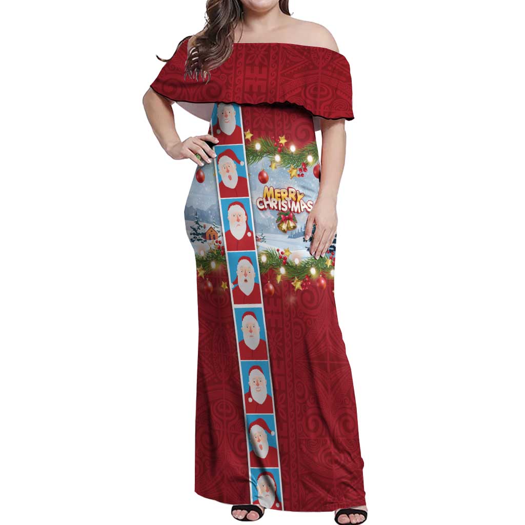 Merry Christmas Off Shoulder Maxi Dress Funny Santa Claus Cards Photo and Polynesian Pattern Red Color
