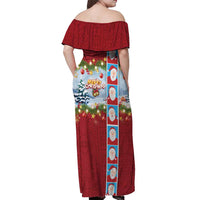 Merry Christmas Off Shoulder Maxi Dress Funny Santa Claus Cards Photo and Polynesian Pattern Red Color