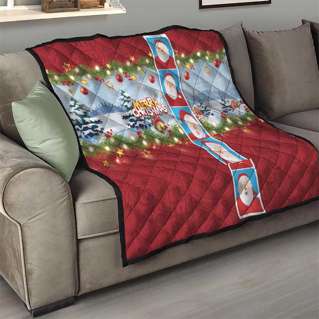 Merry Christmas Quilt Funny Santa Claus Cards Photo and Polynesian Pattern Red Color