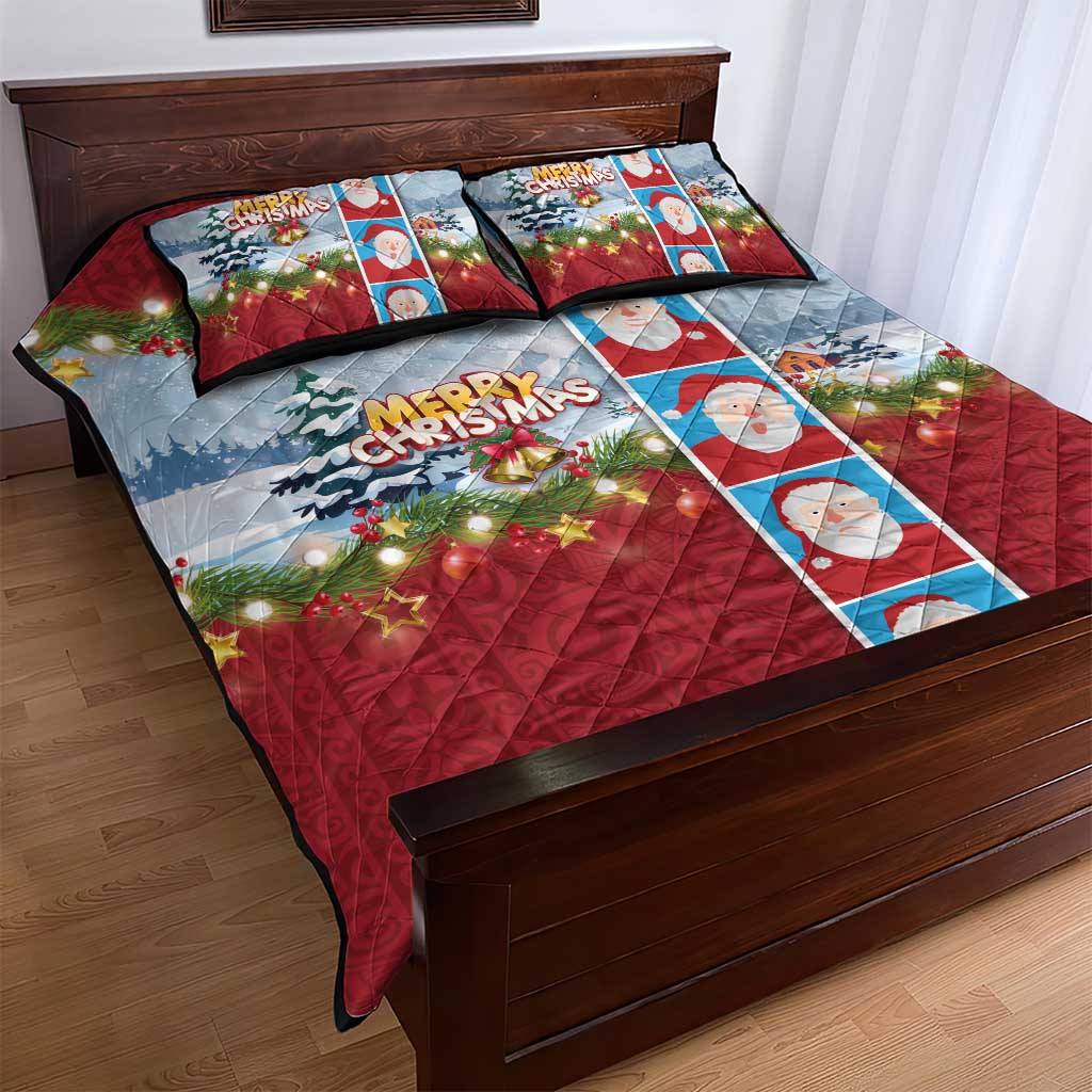 Merry Christmas Quilt Bed Set Funny Santa Claus Cards Photo and Polynesian Pattern Red Color