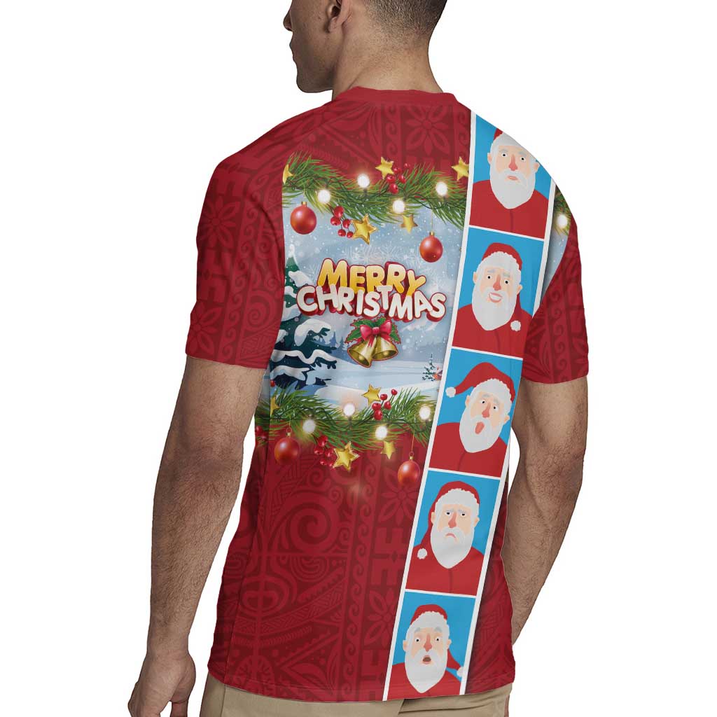 Merry Christmas Rugby Jersey Funny Santa Claus Cards Photo and Polynesian Pattern Red Color