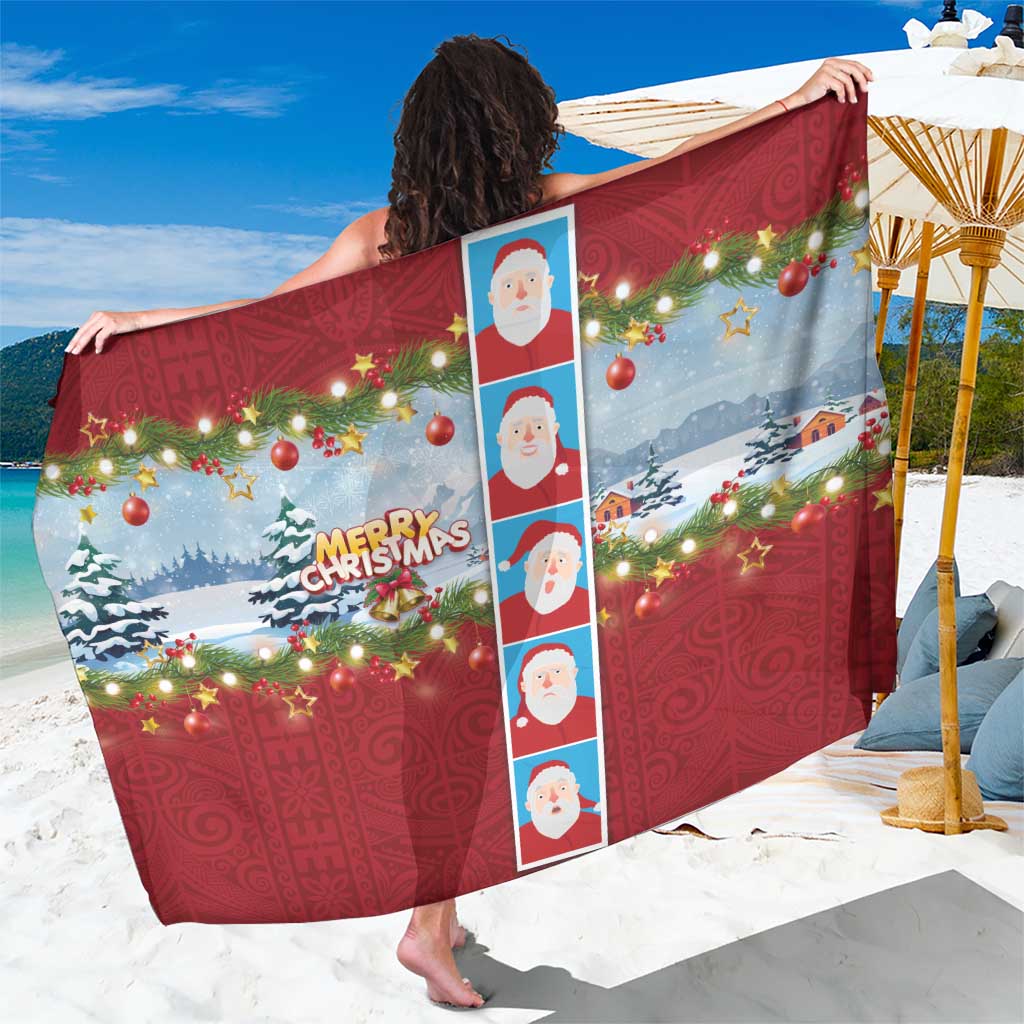 Merry Christmas Sarong Funny Santa Claus Cards Photo and Polynesian Pattern Red Color LT03 One Size 44 x 66 inches Red - Polynesian Pride
