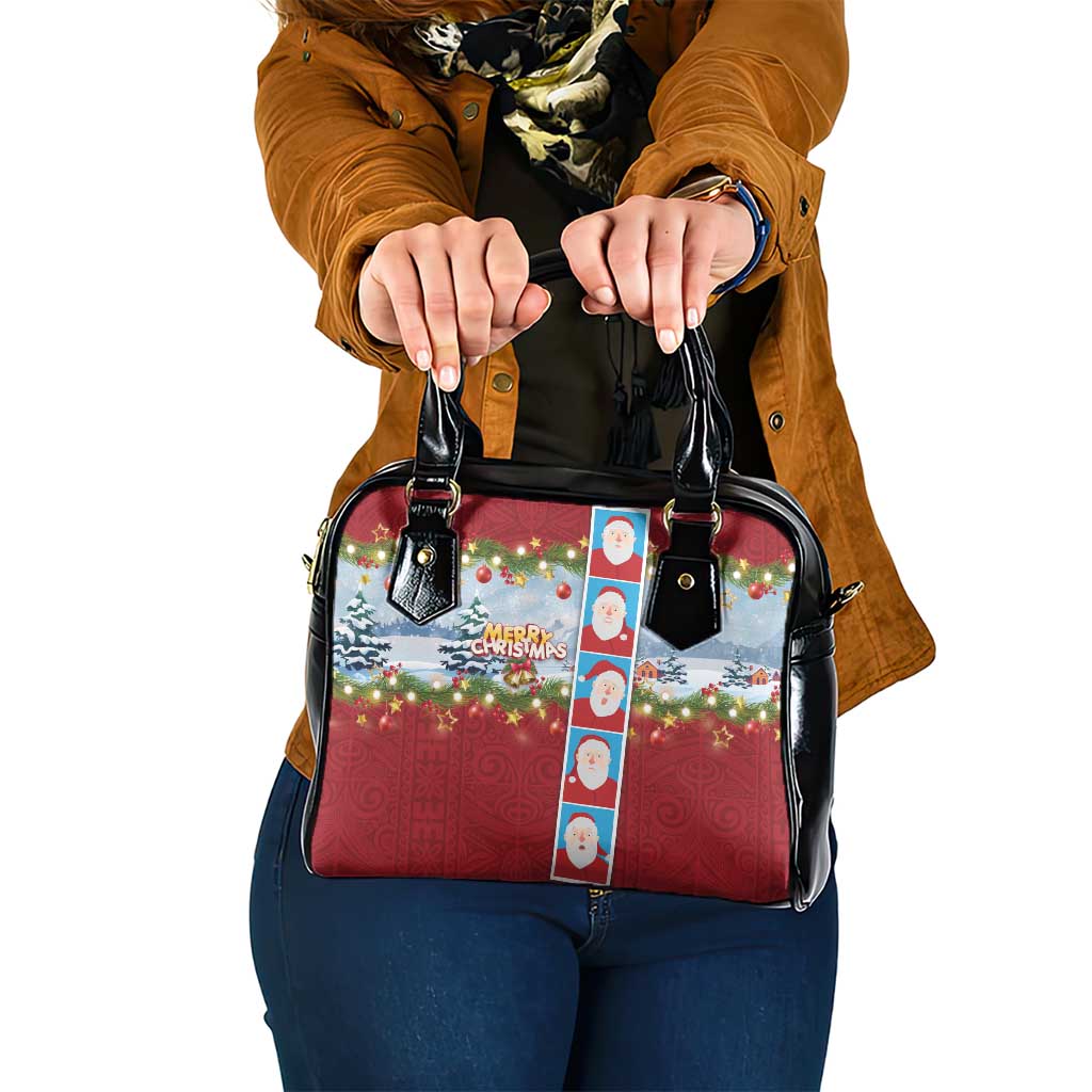 Merry Christmas Shoulder Handbag Funny Santa Claus Cards Photo and Polynesian Pattern Red Color LT03 One Size Red - Polynesian Pride