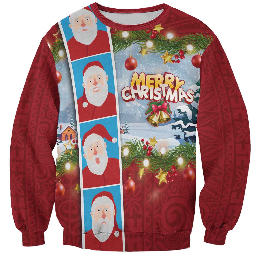 Merry Christmas Sweatshirt Funny Santa Claus Cards Photo and Polynesian Pattern Red Color